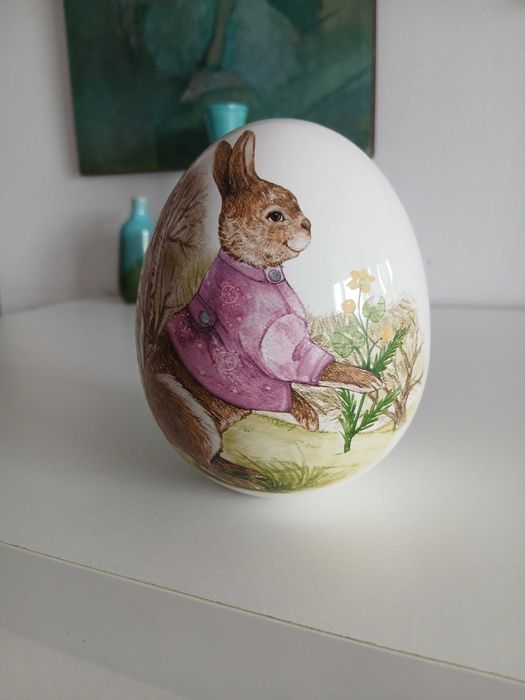 Duże jajko vintage 11 cm ceramiczne piękne z królikiem nowe zając królik Wielkanoc dekoracja figurka
