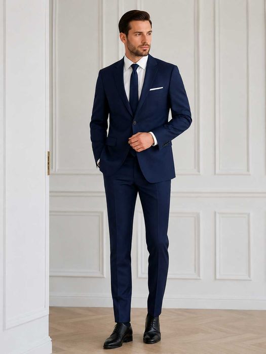 Garnitur Vistula Super Slim | Marynarka 188/96 48 X-L | Spodnie 188/86 | Granatowy | Wełna Marzotto Super 110's