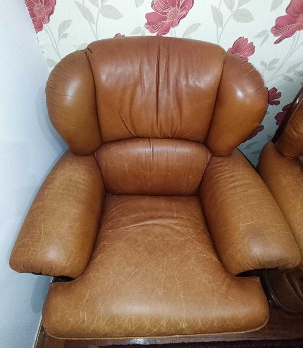 Sofá-cama e cadeirão de pele