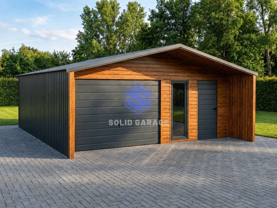 Garaż blaszany stodoła wypust dachu garaz drewnopodobny dwustanowiskowy schowek na budowe 6x6m grafitowy