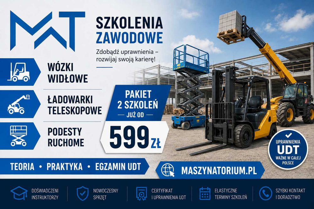 Kurs Szkolenie Zawodowe Operator wózek widłowy, podest ruchomy, ładowarka teleskopowa