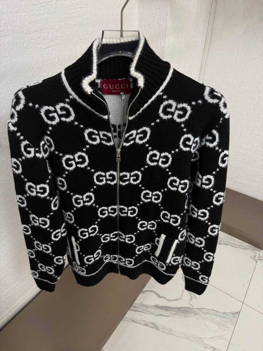 Чоловіча в’язана кофта Gucci на блискавці з високим коміром та візерунком GG, чорна, Туреччина