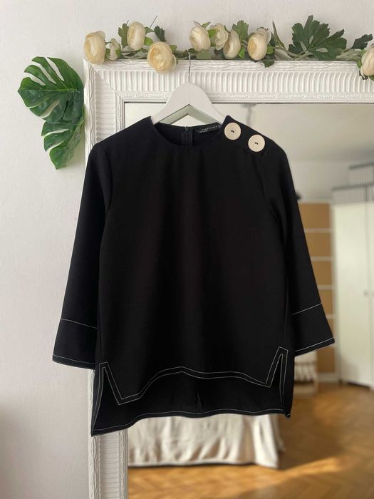 Zara bluzka czarna elegancka perłowe kremowe guziki rękaw 3/4 S 36