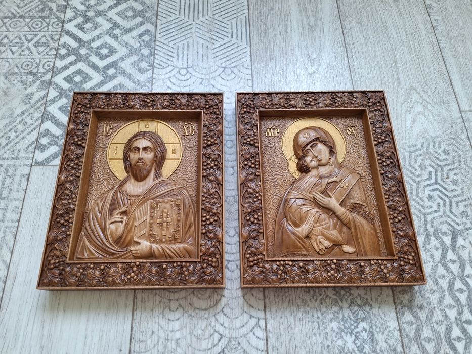 Пара ікон з дерева, вінчальні ікони, Богородиця, Ісус, свадебные иконы