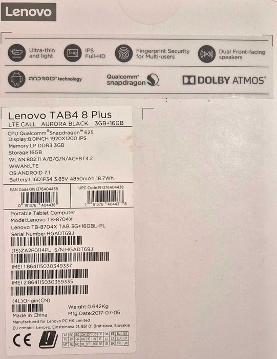 Tablet Lenovo Tab4 8 Plus 16GB LTE