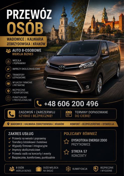 PRZEWÓZ OSÓB –Kalwaria - Zebrzydowska / Wadowice / Kraków  -okolice
