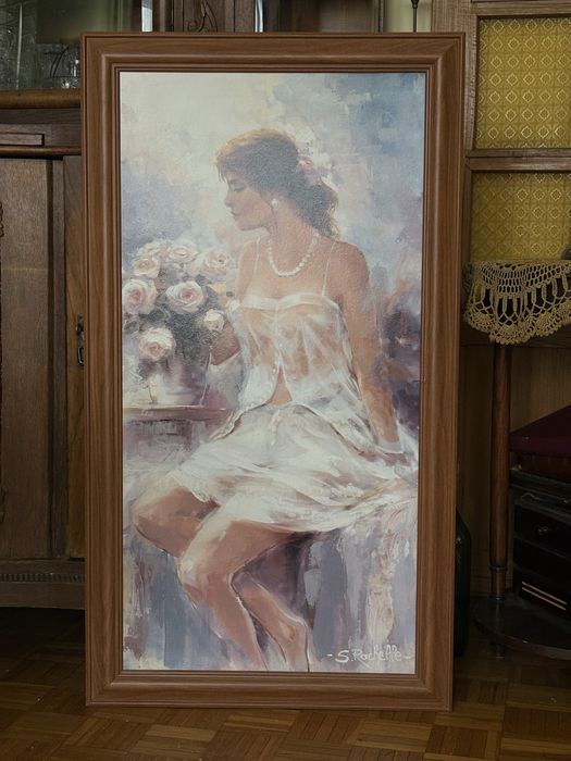 obraz w ramie kobieta kwiaty różowy