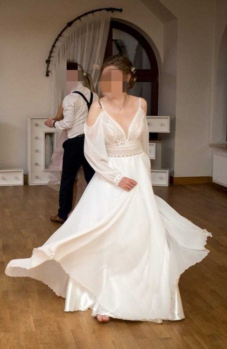 Lekka, muślinowa Suknia Ślubna "Narvik" S/M + narzutka gratis