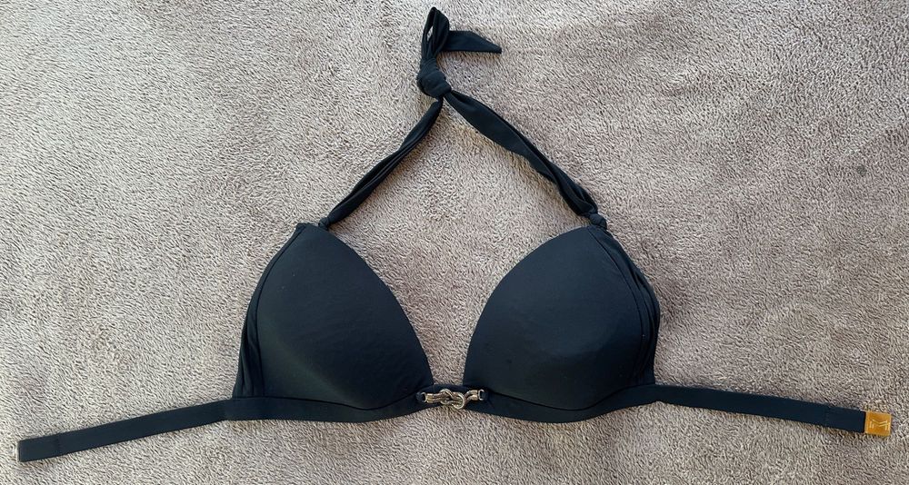 Czarny stanik bikini glamour 80C złoty łańcuch wiązane trójkąt