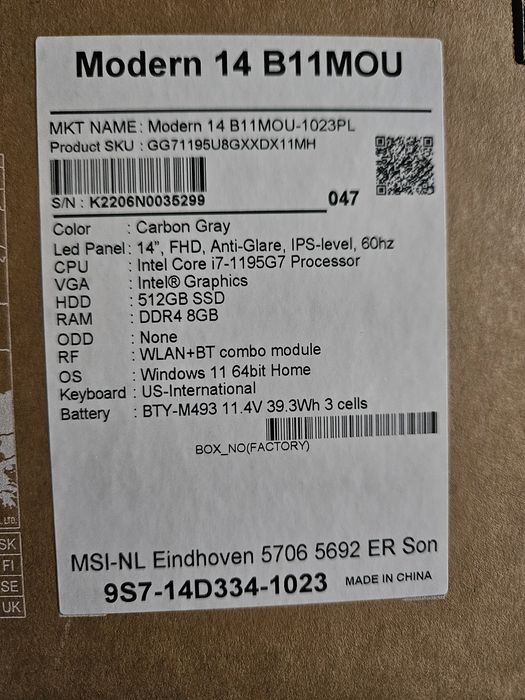 Ноутбук Ноутбук MSI Modern B11MOU-1023PL 14" IPS i7-1195G7 8GB RAM 512