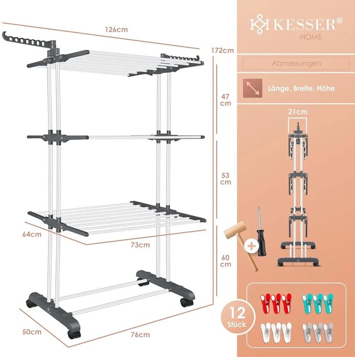 Suszarka na pranie na kółkech 4 poziomy kesser 172 cm wysokości outlet