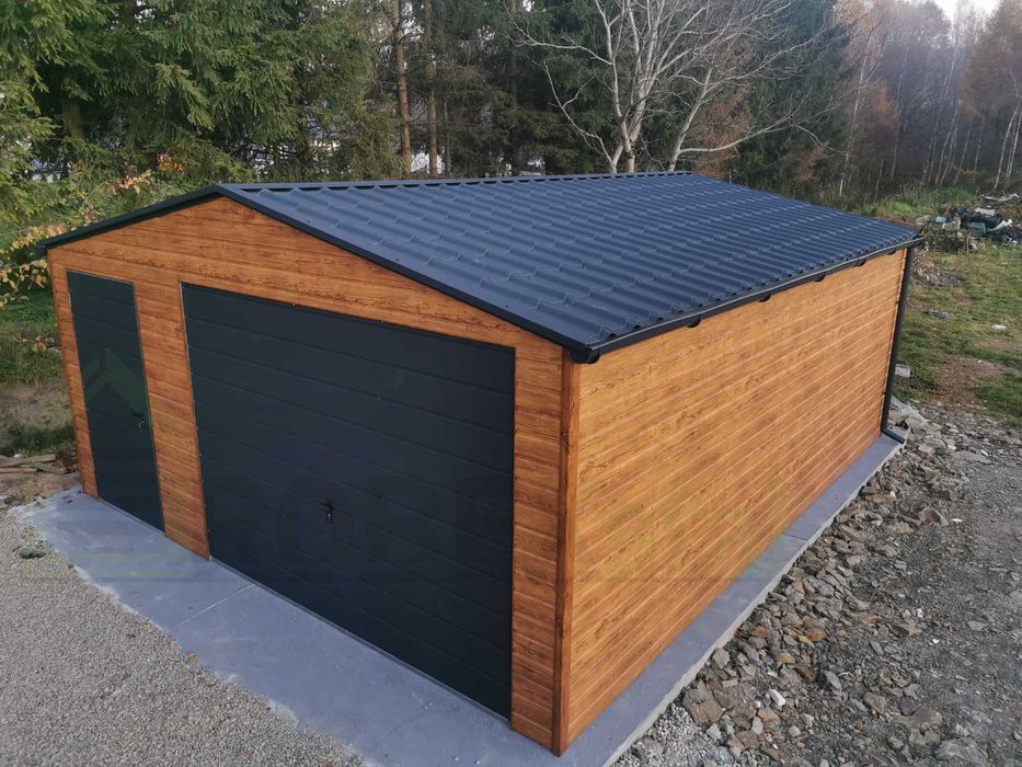 Garaż blaszany drewnopodobny złoty dąb orzech, akryl grafit antracyt