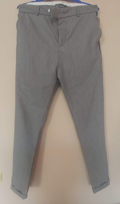 Szare eleganckie nowe męskie spodnie z lampasami - r. M/L