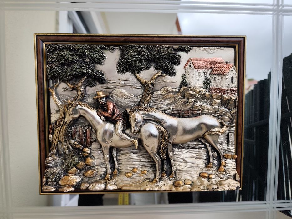 Quadro Espelho com Placa em Prata de Lei 925 - Cavalos (70x60 cm)