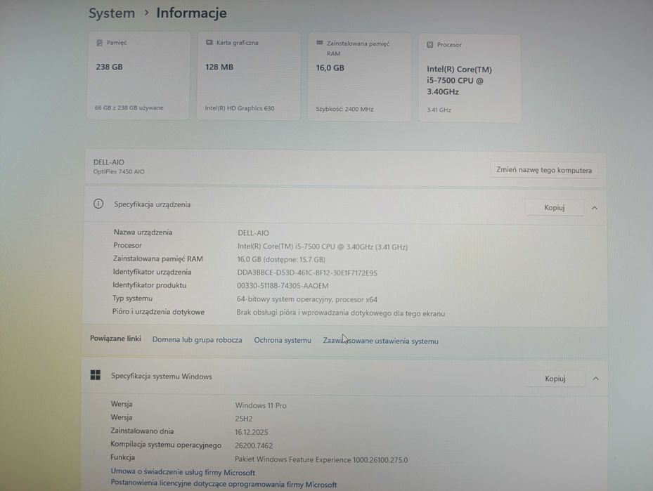KOMPUTER All in One DELL 7450,  i5-7500, 16GB DDR4,  256SSD NVMe