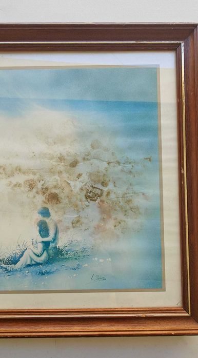 Quadro vintage grande (paisagem azul, casal e flor central)