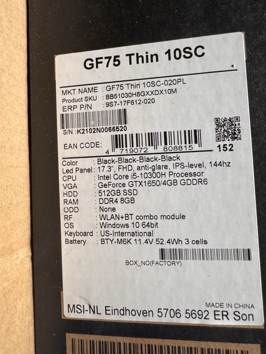 Laptop Gamingowe- MSI GF75 Thin 10SC