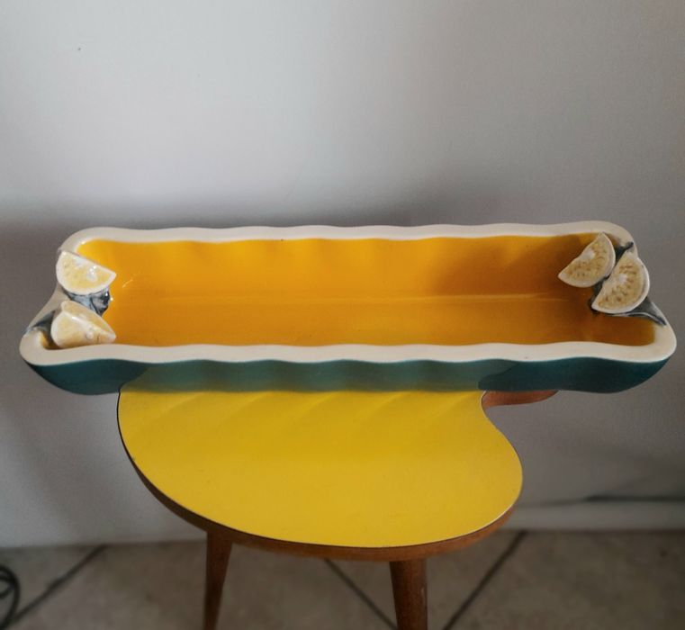 Vintage ceramic rectangular container with appliqués