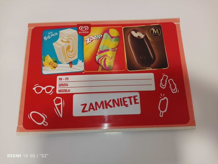 Algida - zamknięte - otwarte - zaraz wracam - tablica Unilever Polska