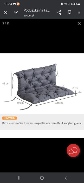 Poduszka na ławkę lub huśtawkę ogrodową szara Outsunny 100x49