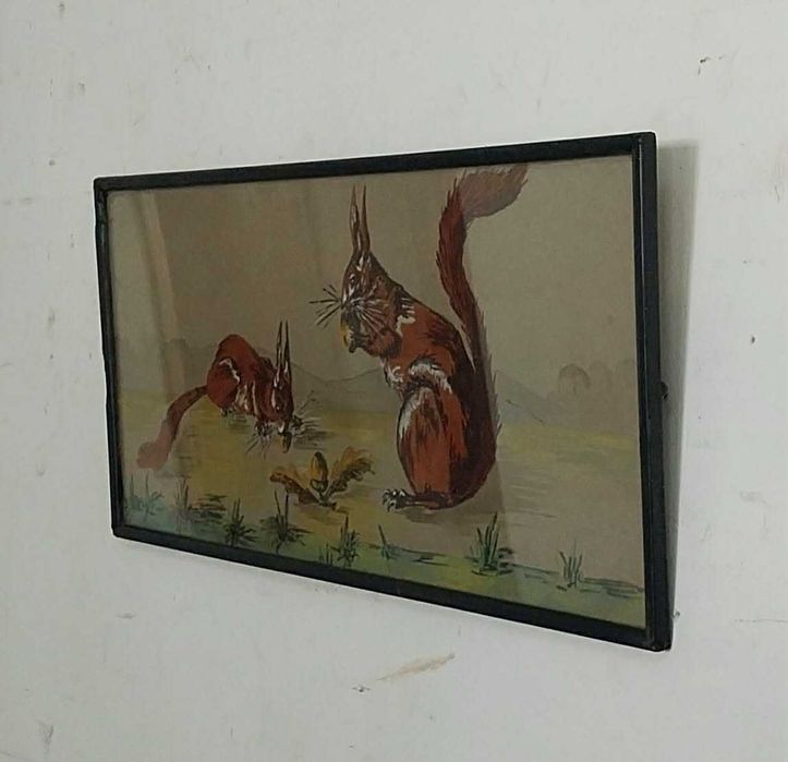 Aguarela? Pintura? "Esquilos" sobre Cartão (64,5 X 28,5). VINTAGE!