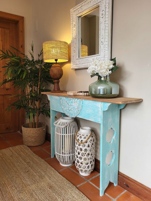 aparador, consola, mesa, azul, talha, decoração, rustico