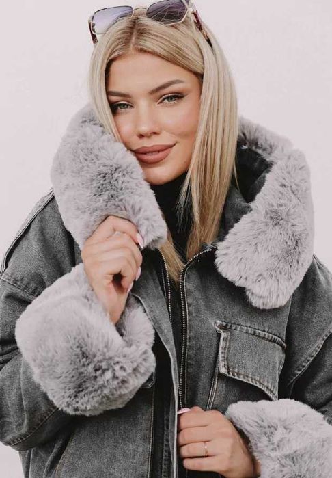 Kurtka Jeansowa Z Futerkiem Szarym Yasmin Czarna