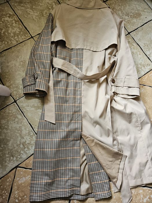 Płaszcz rozm. 42  beżowy z kratą , długi i nowy