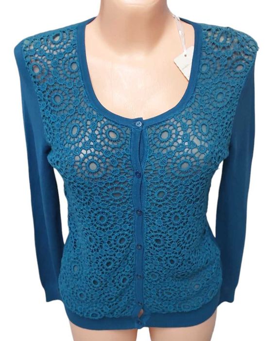 Niebieski ażurowy sweter rozpinany, R. M/L