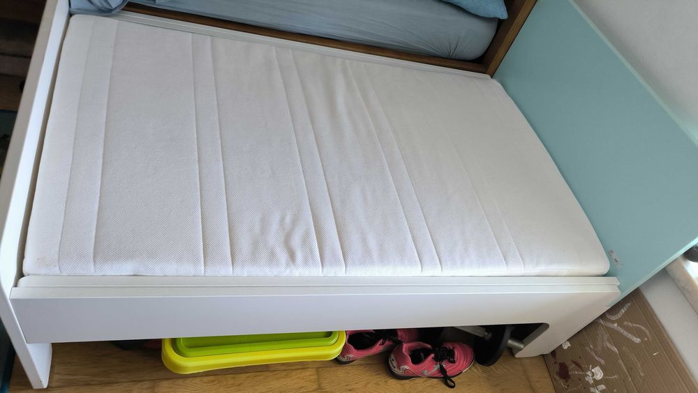 Cama solteiro IKEA SLÄKT extensível c/estrado ripas, branco/turquesa claro - como NOVA