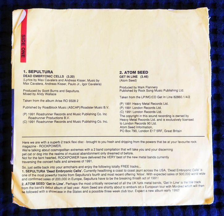 Vinil Single Metal - Rock Power: Sepultura / Atom Seed Flexi disc