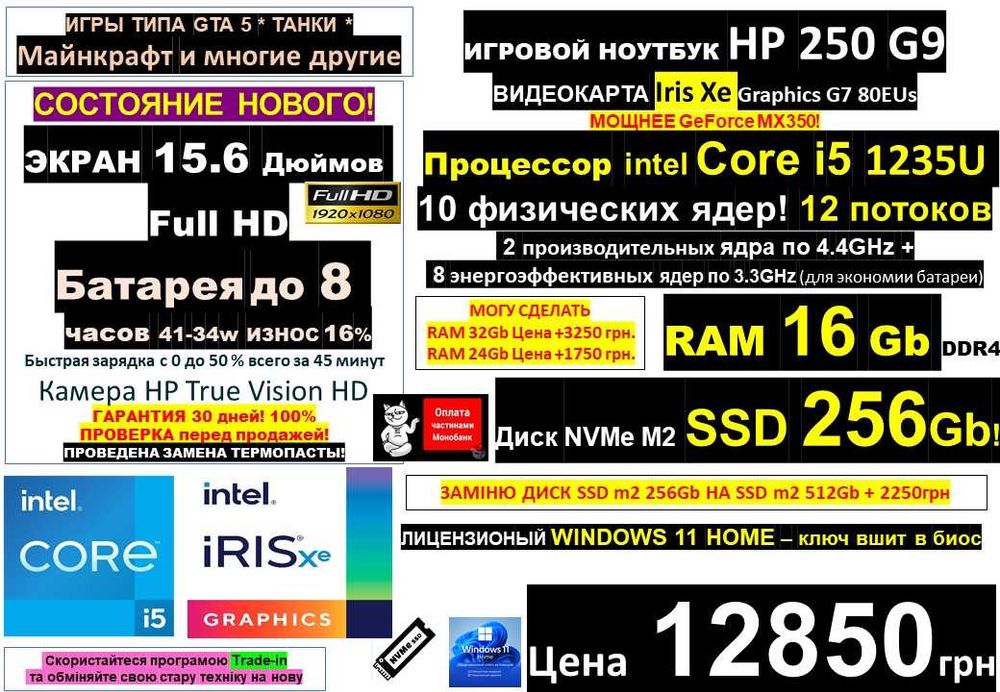 150+ Ноутбуківℹ️HP 250 G9/Iris Xe/Core i5 1235U 10 физических ядер/SSD 256Gb/RAM 16-32Gbℹ️Treid-Inℹ️Розстрочка
