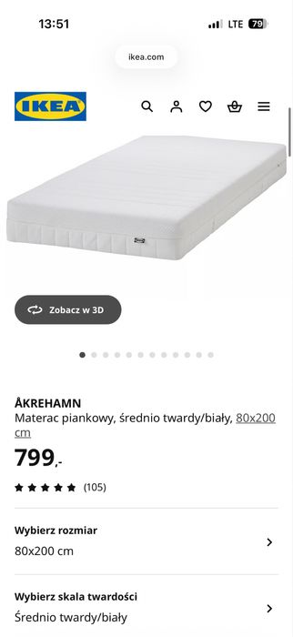 Materac piankowy twardy/ srednio twardy / 80x200 IKEA