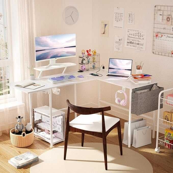 Biurko gamingowe Narożne BIAŁE 120-150cm z gniazdem + USB . Ośw. LED .