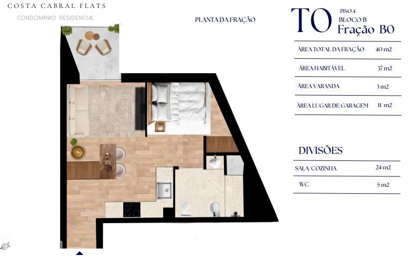 Apartamento T0 com garagem, ar condicionado e elevador