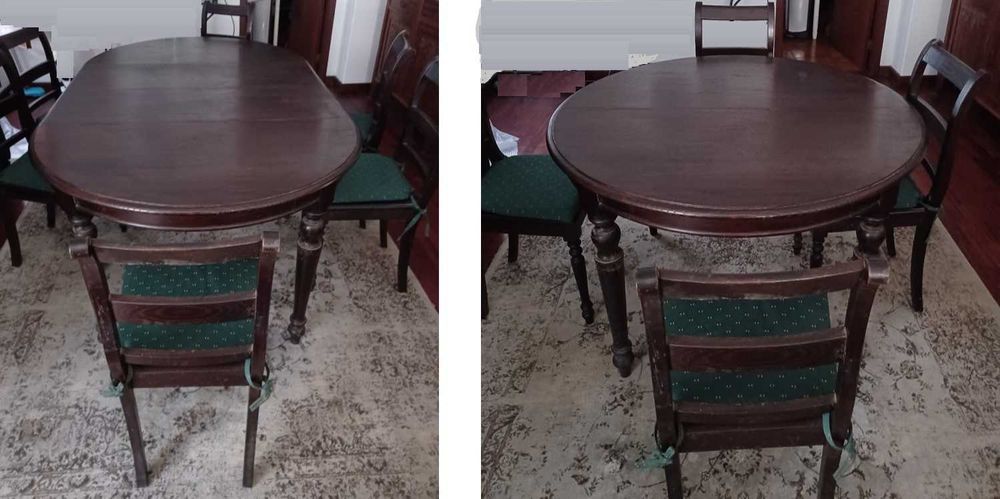 Mesa de sala de jantar com 6 cadeiras em madeira de Castanho.