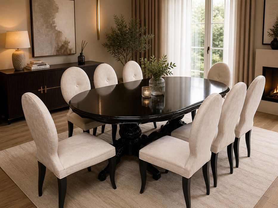 Piękny Designerski  Zestaw Stół + 8 Krzeseł Designer’s Guild Czarny