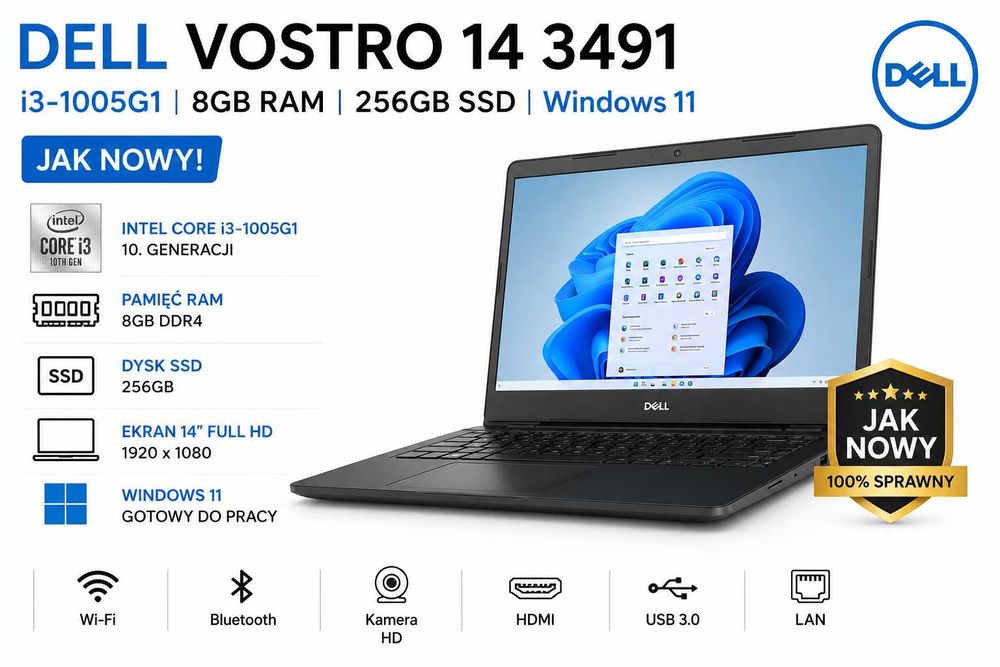 Laptop Dell Vostro 14 3491 i3-1005G1 8GB 256GB SSD Win11 |JAK NOWY|