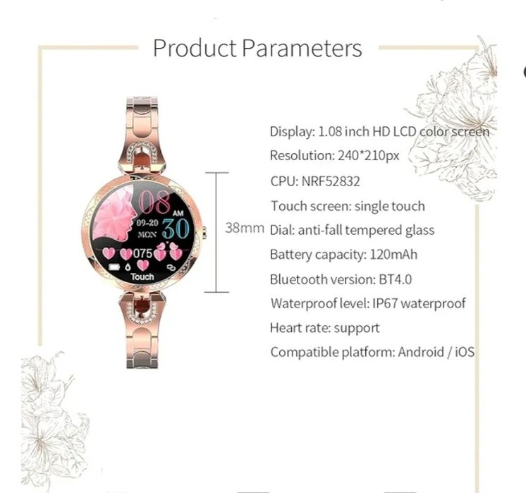 LONGLU Złoty Smartwatch kompatybilny z tel. z systemem iOS Android
