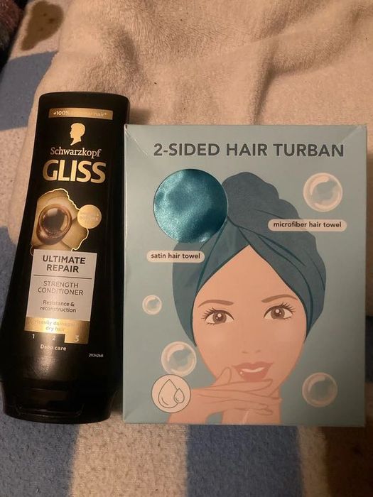 dwustronny ręcznik/czepek/turban do suszenia włosów satyna i mikrofibra + odżywka schwarzkopf gliss ultimate repair z keratyną