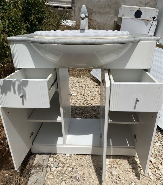 Móvel de Casa de Banho com Tampo em Mármore Natural e Lavatório – 80 cm