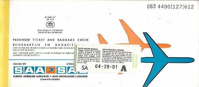 Aviação Comercial - SAA South African Airways - Bilhete antigo 1975