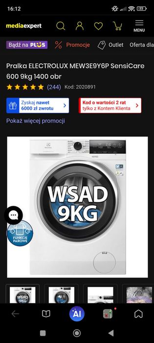 Sprzedam Nowa Pralka ELECTROLUX MEW3E9Y6P SensiCare 600 9kg 1400 obr