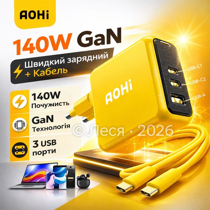 Зарядний пристрій AOHI Magcube Pro + Cable 140 wat