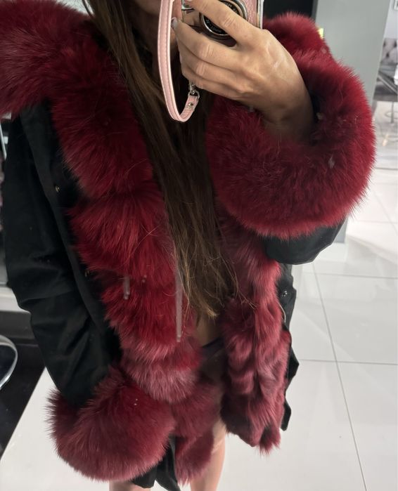 Piekna parka plaszcz futro naturalne lis bordo s/m