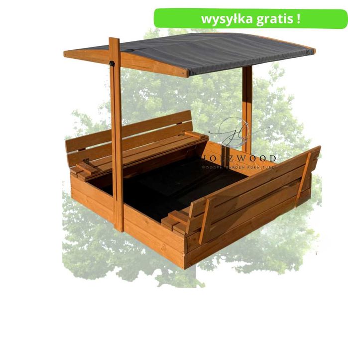 drewniana piaskownica z daszkiem, parasolem i ławeczkami- producent