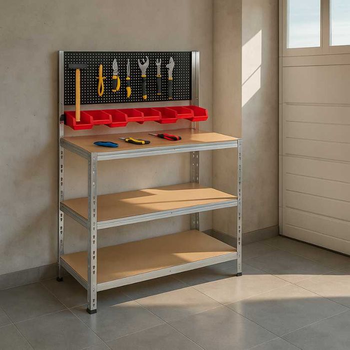 NOWY Stół Warsztatowy Z Tablicą Narzędziową Półki Kuwety Haczyki Metalowy Mocny Do Garażu Pracowni Duży Udźwig 620kg Organizer + DOSTAWA 24H