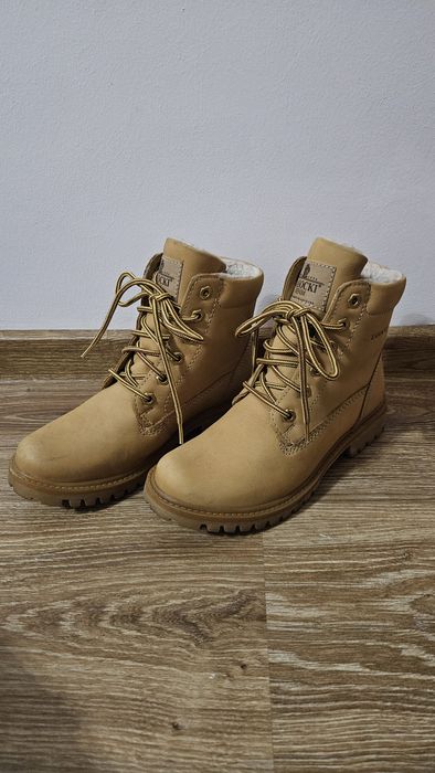 Buty skórzane trapery zimowe Lasocki musztardowe skórzane