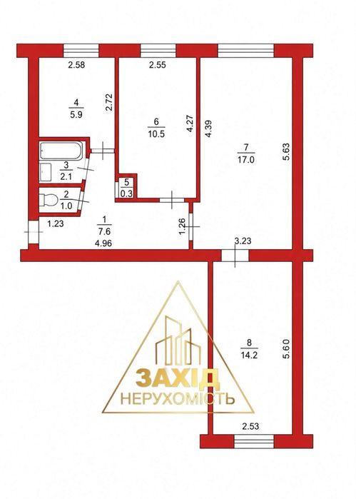 Трикімнатна 58,6 м² біля ЖК Сафрон