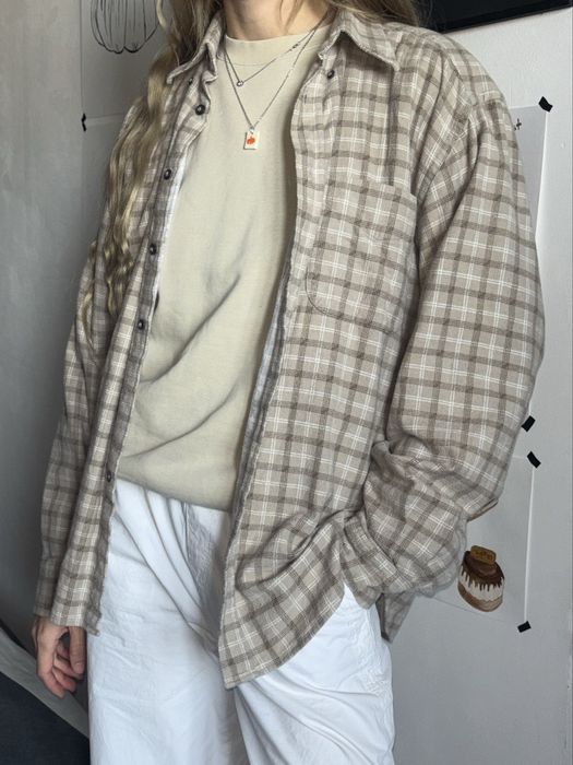 Сорочка бежева в клітинку, сорочка під вінтаж в клітинку